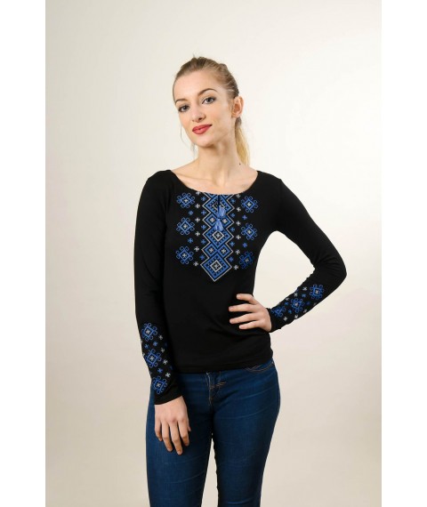 Stylish embroidered shirt with long sleeves in black “Carpathian ornament (blue embroidery)” XL