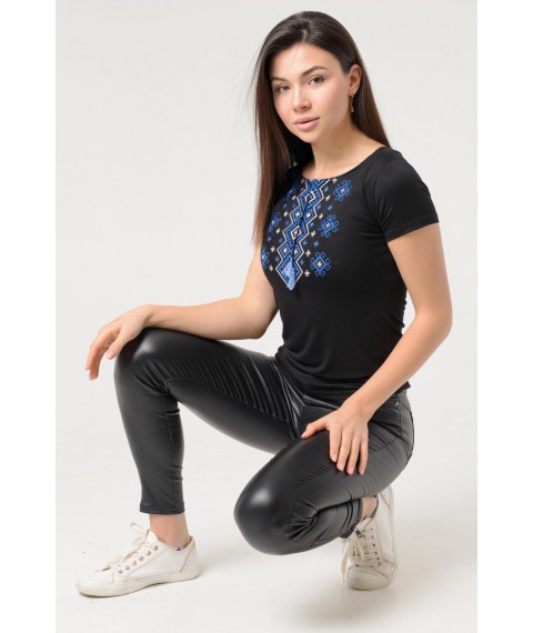 Black women's embroidered shirt with a wide neck in black color “Carpathian ornament (blue embroidery)” S