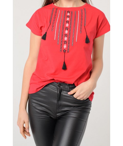 Практичная повседневная вышитая женская футболка в красном цвете «Ожерелье» XS