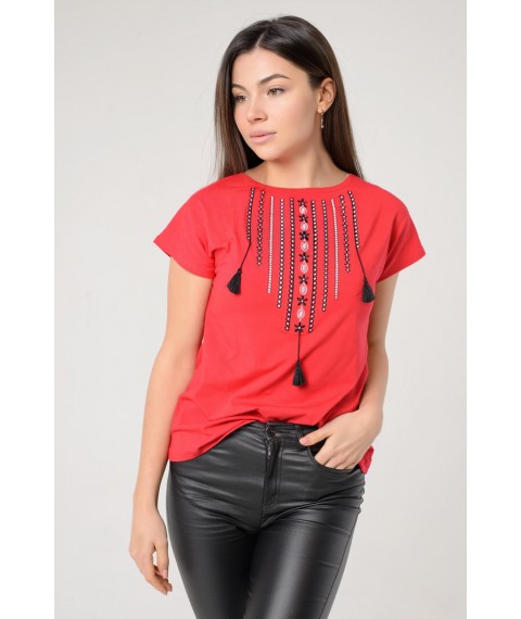 Praktisches l?ssiges besticktes Damen-T-Shirt in roter Farbe "Necklace" L