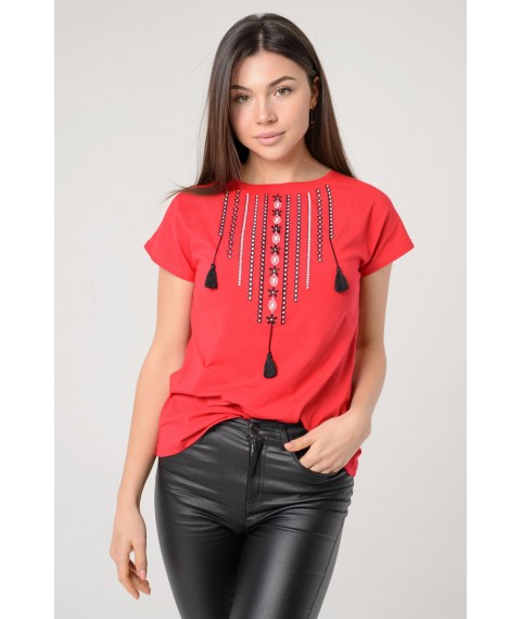 Практичная повседневная вышитая женская футболка в красном цвете «Ожерелье» XL