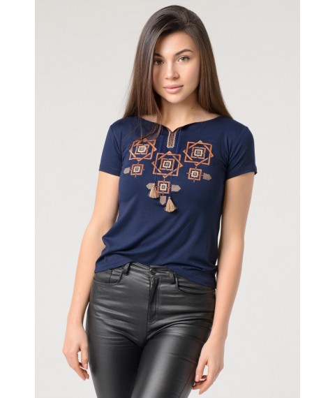 Fashionable women's T-shirt with brown embroidery in dark blue color “Amulet”