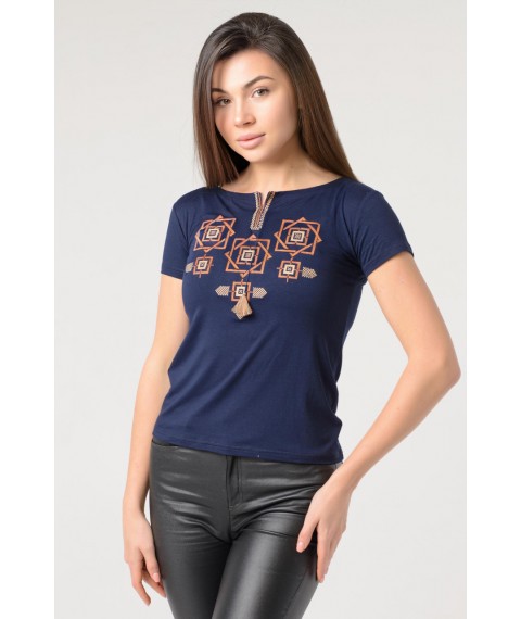 Модная женская футболка с коричневой вышивкой в темно синем цвете «Оберег»