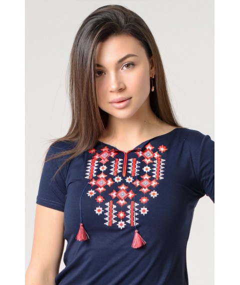Bright women's embroidered T-shirt with red geometric embroidery in dark blue "Starlight"