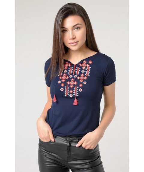 Bright women's embroidered T-shirt with red geometric embroidery in dark blue "Starlight"