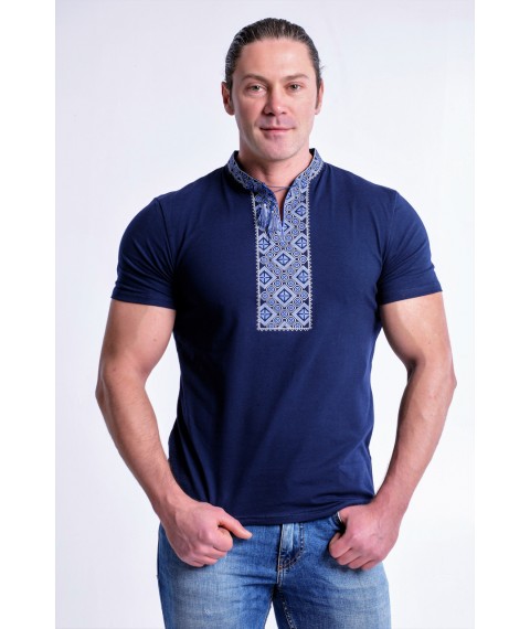 Classic men's T-shirt with embroidery “Cossack (blue embroidery)”