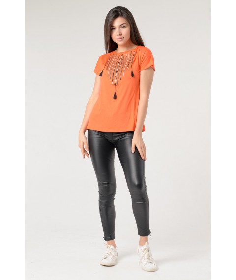 Практичная повседневная вышитая женская футболка в оранжевом цвете «Ожерелье» XS