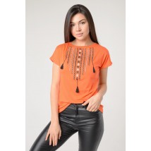 Практичная повседневная вышитая женская футболка в оранжевом цвете «Ожерелье» S