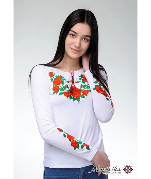 Modisches weißes Damen T-Shirt mit langen Ärmeln mit Blumenstickerei „Rose“ M