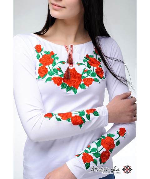 Modisches weißes Damen T-Shirt mit langen Ärmeln mit Blumenstickerei „Rose“ M