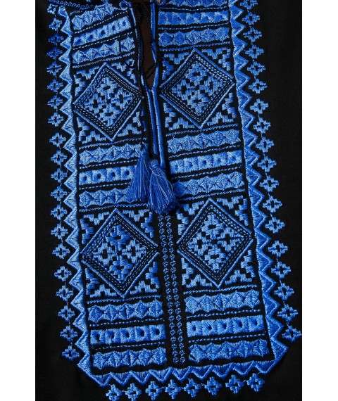 Черная мужская футболка машинной вышивки с коротким рукавом «Гладь (синий орнамент)» S