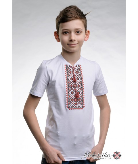 Детская вышиванка для мальчика с коротким рукавом с V-образным вырезом «Звездное сияние (красная вышивка)» 128
