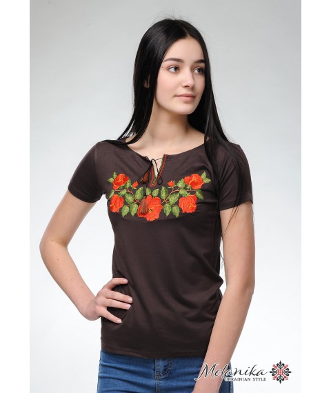 Коричневая женская вышитая футболка на каждый день под джинсы «Нежность роз» XL