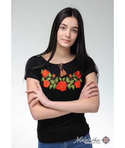 Women's embroidered T-shirt in black with a wide neck “Tenderness of roses” L