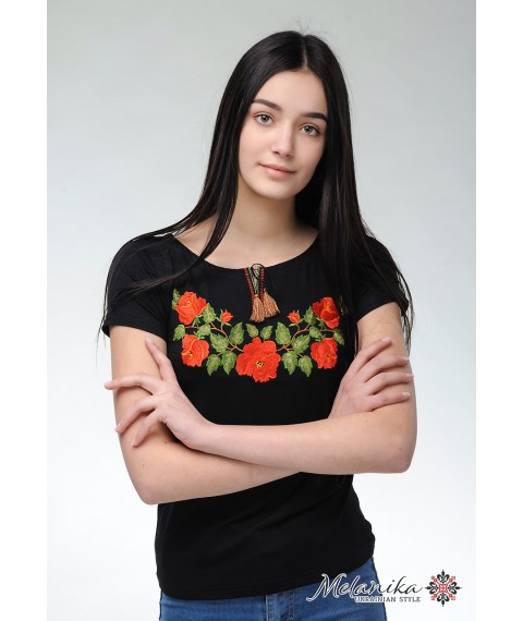 Women's embroidered T-shirt in black with a wide neck “Tenderness of roses” XL