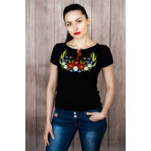Черная женская вышитая футболка с завязками «Венок с колосками» M