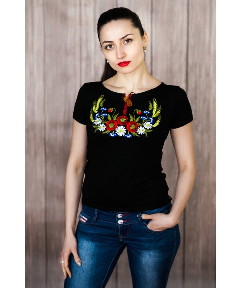 Черная женская вышитая футболка с завязками «Венок с колосками» L