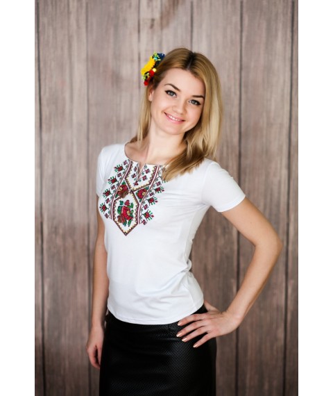 Женская вышитая футболка белого цвета с геометрическим орнаментом «Маки-крестик» L