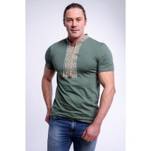 Стильная мужская вышитая футболка в стиле милитари "Казацкая" зеленая с коричневым