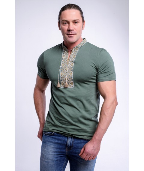 Стильная мужская вышитая футболка в стиле милитари "Казацкая" зеленая с коричневым M