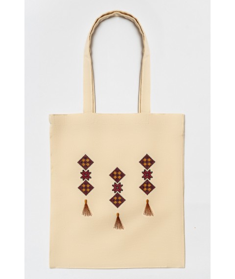 Eco-friendly shopping bag with embroidery in Ukrainian style "Kititsy" beige