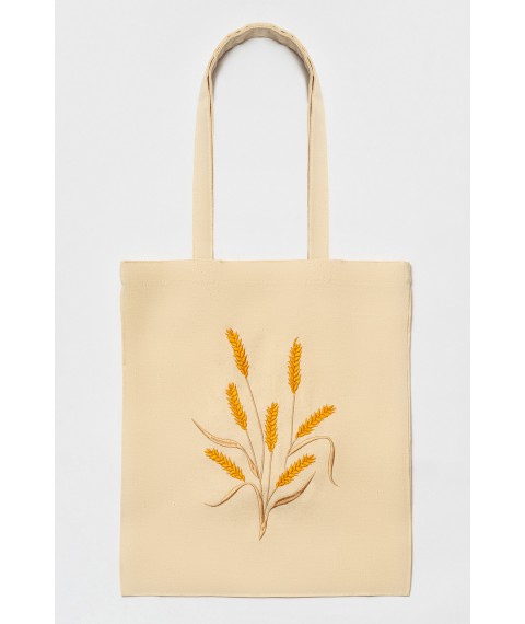 Embroidered eco-shopper with floral pattern "Spikelet" beige