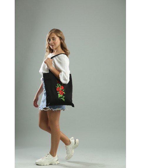 Casual eco-bag with "Poppies" embroidery in black