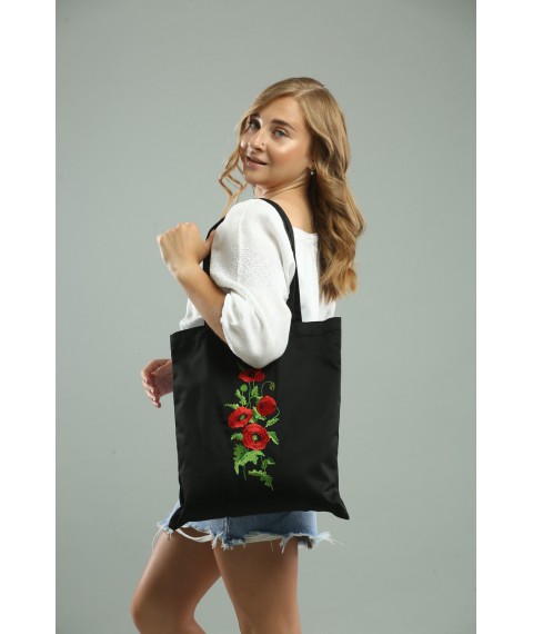 Casual eco-bag with "Poppies" embroidery in black