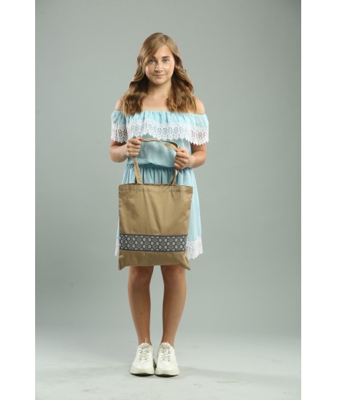 Stylish eco-friendly shopping bag with “Ornament” embroidery in beige color.