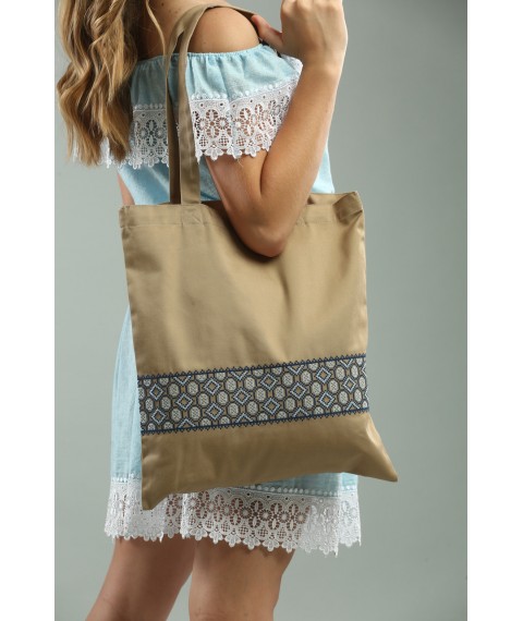 Stylish eco-friendly shopping bag with “Ornament” embroidery in beige color.