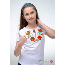Вышитая детская футболка белого цвета с цветочным орнаментом «Красочные маки» 104