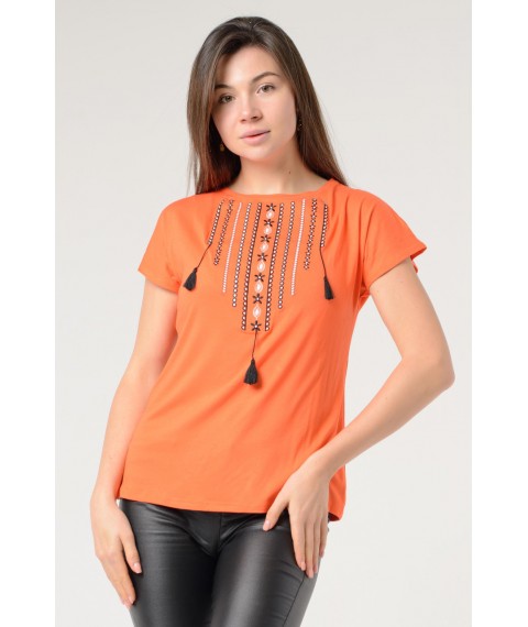 Практичная повседневная вышитая женская футболка в оранжевом цвете «Ожерелье» XS