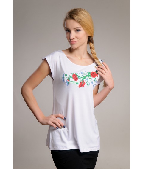 Белая вышитая футболка реглан с цветами «Полевой букет» M