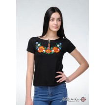 Вышитая женская футболка с коротким рукавом в черном цвете с цветами «Полевая красота» M