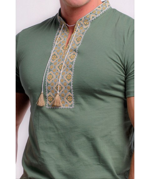 Стильная мужская вышитая футболка в стиле милитари "Казацкая" зеленая с коричневым L