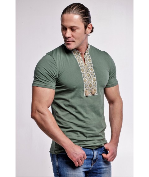 Стильная мужская вышитая футболка в стиле милитари "Казацкая" зеленая с коричневым 3XL