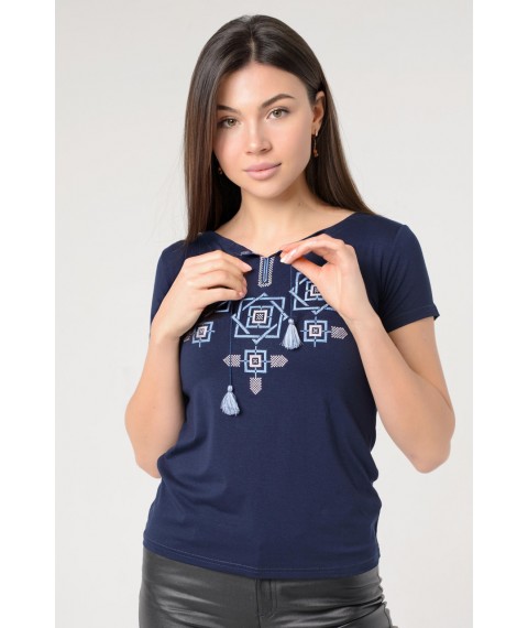 Женская футболка с вышивкой крестиком в темно синем цвете «Оберег» S
