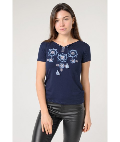 Женская футболка с вышивкой крестиком в темно синем цвете «Оберег» XL