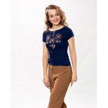 Fashionable women's T-shirt with brown embroidery in dark blue color “Amulet” XXL