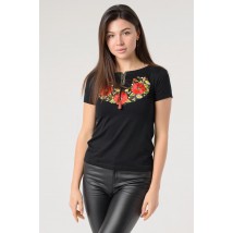 Женская вышитая футболка с коротким рукавом в черном цвете «Маковый цвет» S