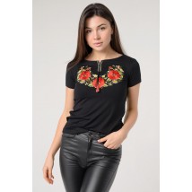 Женская вышитая футболка с коротким рукавом в черном цвете «Маковый цвет» M