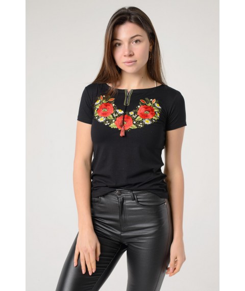 Женская вышитая футболка с коротким рукавом в черном цвете «Маковый цвет» L