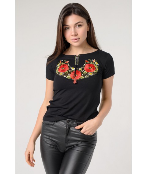 Женская вышитая футболка с коротким рукавом в черном цвете «Маковый цвет» 3XL