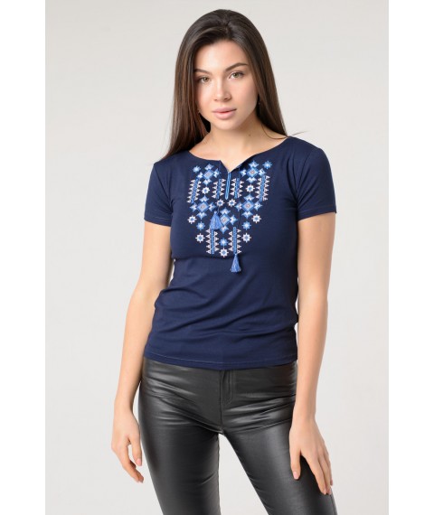 Patriotic Women's T-Shirt with Geometric Embroidery in Dark Blue "Star Light" M