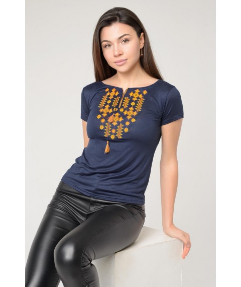 Women's T-shirt with orange embroidery in dark blue with Kutashikama "Star Light" S