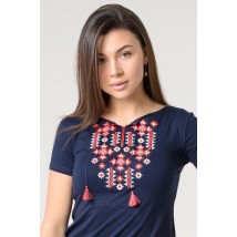 Helles besticktes Damen-T-Shirt mit roter geometrischer Stickerei in Dunkelblau „Starlight“ M
