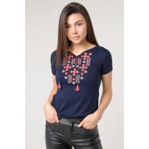 Яркая женская вышитая футболка с красной геометрической вышивкой в темно-синем цвете «Звездное Сияние» L