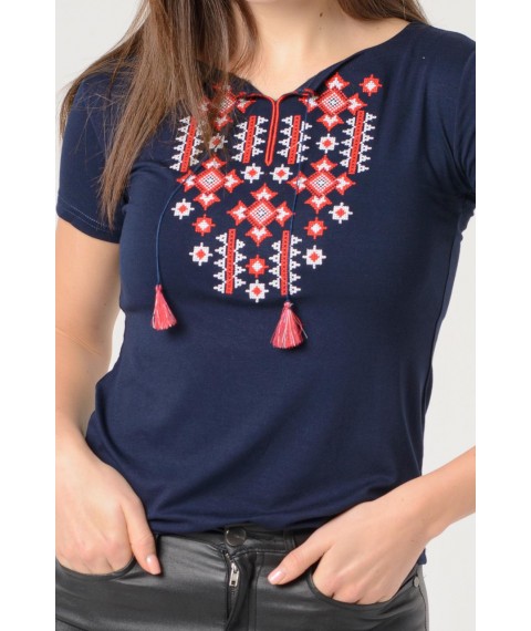 Bright women's embroidered T-shirt with red geometric embroidery in dark blue "Starlight" XXL