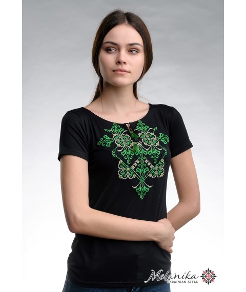 Летняя черная женская вышитая футболка с коротким рукавом «Элегия (зеленая вышивка)» S
