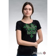 Летняя черная женская вышитая футболка с коротким рукавом «Элегия (зеленая вышивка)» M